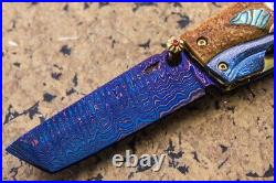 Suchat Custom Folding Knife Color Damascus Tanto Blade Mokume Titanium Abalone