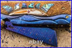 Suchat Custom Folding Knife Color Damascus Tanto Blade Mokume Titanium Abalone