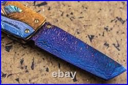 Suchat Custom Folding Knife Color Damascus Tanto Blade Mokume Titanium Abalone