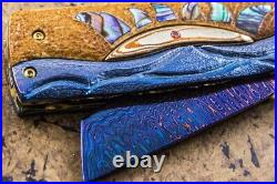 Suchat Custom Folding Knife Color Damascus Tanto Blade Mokume Titanium Abalone