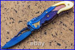 Suchat Custom Folding Knife Color Damascus Yellow Pearl 6AL4V Titanium Anodized