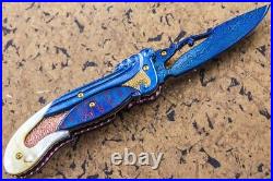 Suchat Custom Folding Knife Color Damascus Yellow Pearl 6AL4V Titanium Anodized