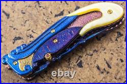 Suchat Custom Folding Knife Color Damascus Yellow Pearl 6AL4V Titanium Anodized