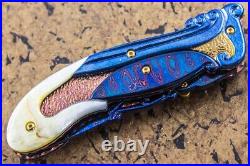 Suchat Custom Folding Knife Color Damascus Yellow Pearl 6AL4V Titanium Anodized