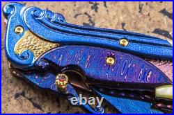 Suchat Custom Folding Knife Color Damascus Yellow Pearl 6AL4V Titanium Anodized