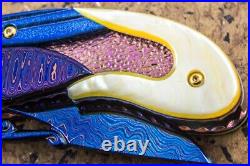 Suchat Custom Folding Knife Color Damascus Yellow Pearl 6AL4V Titanium Anodized