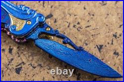 Suchat Custom Folding Knife Color Damascus Yellow Pearl 6AL4V Titanium Anodized