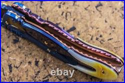 Suchat Custom Folding Knife Color Damascus Yellow Pearl 6AL4V Titanium Anodized