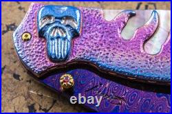 Suchat Custom Folding Knife Damascus Steel 6AL4V Titanium Carved as Skull Biker