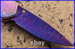 Suchat Custom Folding Knife Damascus Steel 6AL4V Titanium Carved as Skull Biker