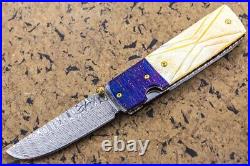 Suchat Handmade Folding Knife Yellow Pearl Tanto Damascus Extra Handle as Gift