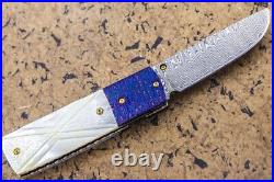 Suchat Handmade Folding Knife Yellow Pearl Tanto Damascus Extra Handle as Gift