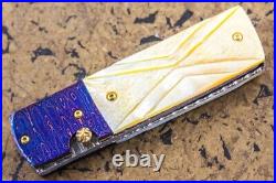 Suchat Handmade Folding Knife Yellow Pearl Tanto Damascus Extra Handle as Gift