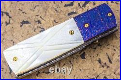 Suchat Handmade Folding Knife Yellow Pearl Tanto Damascus Extra Handle as Gift