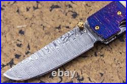 Suchat Handmade Folding Knife Yellow Pearl Tanto Damascus Extra Handle as Gift