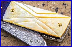 Suchat Handmade Folding Knife Yellow Pearl Tanto Damascus Extra Handle as Gift