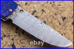 Suchat Handmade Folding Knife Yellow Pearl Tanto Damascus Extra Handle as Gift