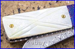 Suchat Handmade Folding Knife Yellow Pearl Tanto Damascus Extra Handle as Gift