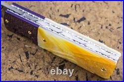 Suchat Handmade Folding Knife Yellow Pearl Tanto Damascus Extra Handle as Gift