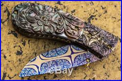 Suchat Jangtanon Folding Knife Mosaic Damascus Carved Flower Black Pearl Garnet