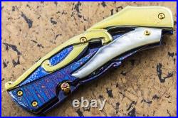 Suchat Jangtanong Custom Folding Knife Color Damas Steel Titanium White Pearl FS