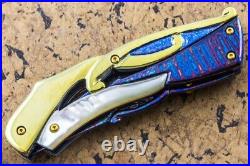 Suchat Jangtanong Custom Folding Knife Color Damas Steel Titanium White Pearl FS