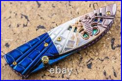 Suchat Jangtanong Custom Folding Knife Color Damascus Black Pearl Carved Spider