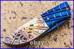 Suchat Jangtanong Custom Folding Knife Color Damascus Black Pearl Carved Spider