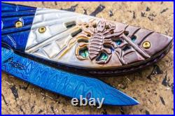 Suchat Jangtanong Custom Folding Knife Color Damascus Black Pearl Carved Spider