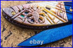 Suchat Jangtanong Custom Folding Knife Color Damascus Black Pearl Carved Spider