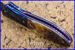 Suchat Jangtanong Custom Folding Knife Color Damascus Black Pearl Carved Spider