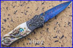 Suchat Jangtanong Custom Folding Knife Color Damascus Black Pearl Flower Carved