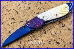 Suchat Jangtanong Custom Folding Knife Color Damascus Steel Yellow Pearl Carved