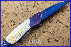 Suchat Jangtanong Custom Folding Knife Color Damascus Steel Yellow Pearl Carved