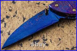 Suchat Jangtanong Custom Folding Knife Color Damascus Steel Yellow Pearl Carved