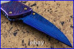 Suchat Jangtanong Custom Folding Knife Color Damascus Steel Yellow Pearl Carved