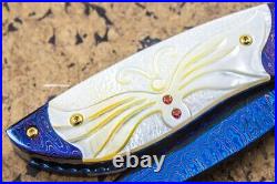 Suchat Jangtanong Custom Folding Knife Color Damascus Steel Yellow Pearl Carved