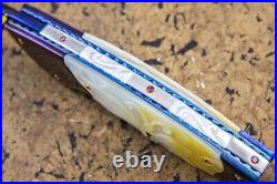 Suchat Jangtanong Custom Folding Knife Color Damascus Steel Yellow Pearl Carved