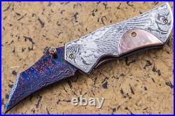 Suchat Jangtanong Custom Folding Knife Damas Steel Engraved as Bald Eagle Pearl