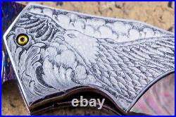 Suchat Jangtanong Custom Folding Knife Damas Steel Engraved as Bald Eagle Pearl