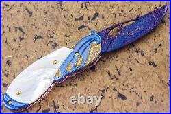 Suchat Jangtanong Custom Handmade Folding Knife Damascus White Pearl 24K Screw