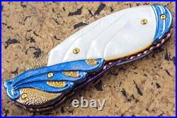 Suchat Jangtanong Custom Handmade Folding Knife Damascus White Pearl 24K Screw