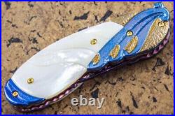 Suchat Jangtanong Custom Handmade Folding Knife Damascus White Pearl 24K Screw