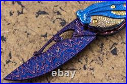 Suchat Jangtanong Custom Handmade Folding Knife Damascus White Pearl 24K Screw