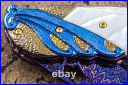 Suchat Jangtanong Custom Handmade Folding Knife Damascus White Pearl 24K Screw