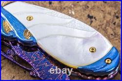 Suchat Jangtanong Custom Handmade Folding Knife Damascus White Pearl 24K Screw