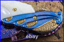 Suchat Jangtanong Custom Handmade Folding Knife Damascus White Pearl 24K Screw