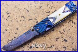 Suchat Jangtanong Custom Handmade Folding Knife Tanto Damascus Yellow Pearl