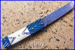 Suchat Jangtanong Custom Handmade Folding Knife Tanto Damascus Yellow Pearl