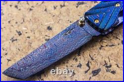 Suchat Jangtanong Custom Handmade Folding Knife Tanto Damascus Yellow Pearl